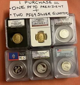 1回の購入 = プレジデント NGC PF70 ウルトラカメオ 1枚 + シルバークォーター 2枚 PCGS PR69DCAM