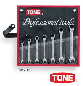 TONE(トネ) ラチェットめがねレンチセット 7pcs RM700 7点セット RM-08 10 12 13 14 17 19 作業工具 レンチ スパナ ラチェットレンチ 薄型 ストレート形状 布袋つき コンパクト収納