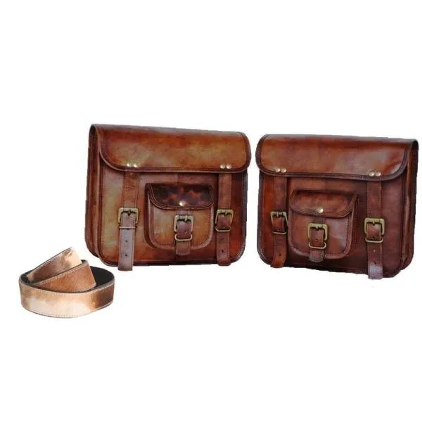 LBH ganpati ハンドクラフト オートバイサイドポーチ ブラウンレザーサイドポーチ サドルバッグ サドルパニア 2バッグ バッファロ