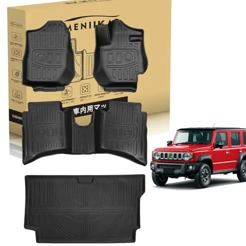 「MENIIKAR」JIMNY ジムニー ノマド 5ドア JC74W のフロアマット&トランクマット 。3Dカーマットが防水・防滑・防汚でTPE素材製。JIMNY NOMADE 専用 2025年4月? に最適化されたカスタム設計。 (1-2列目フロアマット