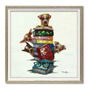 オイル ペイント アート「ドッグ オン ブックス」 Sサイズ OP-07024【メーカー直送：代金引換不可：同梱不可】【北海道・沖縄・離島は配達不可】