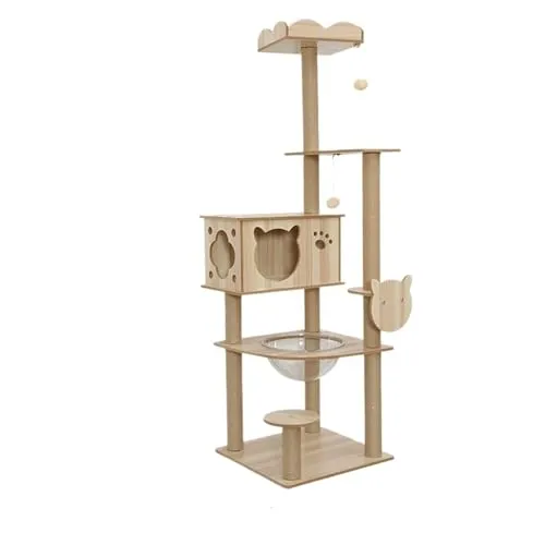 サイザル麻スクラッチポスト付き多層キャットツリータワー、木製ハウス、プラットフォーム、ハンモッククライミングフレームに対応(5 Layer-2)