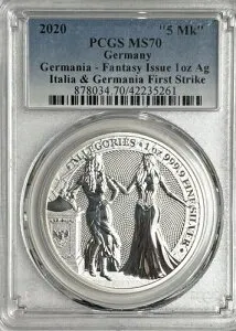 ドイツ 2020 イタリア＆ゲルマニア ファーストストライク 1オンス 999.9 シルバー 5マーク MS70 PCGS