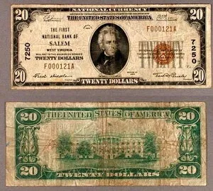 セイラム WV $20 1929 T-1 ナショナル銀行券 Ch #7250 ファースト NB 非常に良い-
