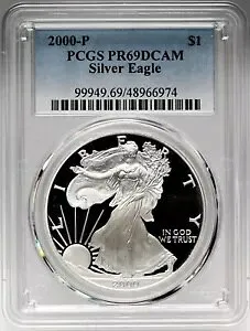 2000-P $1 プルーフ アメリカン シルバー イーグル PCGS PR69 DCAM #48966974 表示されている正確なコイン