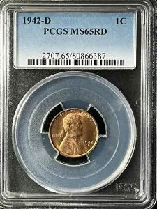 1942-D 1C RD リンカーン小麦 1セント PCGS MS65RD 80866387