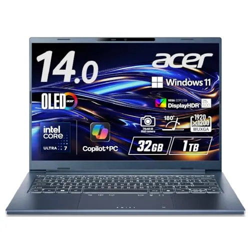 Acer Swift Go 14 AI インテル Core Ultra 7 OLED 光沢 DCI-P3 100% WUXGA 16:10 32GBメモリ 1TB SSD 14インチ 23.5時間駆動 薄型軽量 1.24kg 207万画素 IR Webカメ