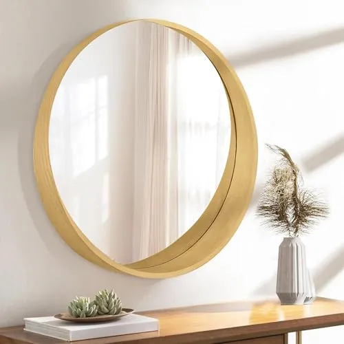 木製 鏡 円形 壁掛けミラー 直径30 40 50 60cm、北欧 おしゃれ ウォールミラー 装飾 天然木のフレーム HDガラス 高精細鏡面 飛散防止、吊り下げまたは卓上、Wall Mirror ガラスパネルの丸 化粧鏡 浴室 洗面所 トイレ ドレッサー