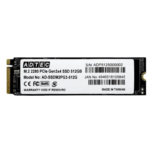 ADTEC アドテック AD-SSDM2PG3-512G 3D NAND PC内蔵用M.2 Gen3x4 SSD M.2 NVMe PCIe Gen3x4(2280)AD-SSDM2PG3 512GB