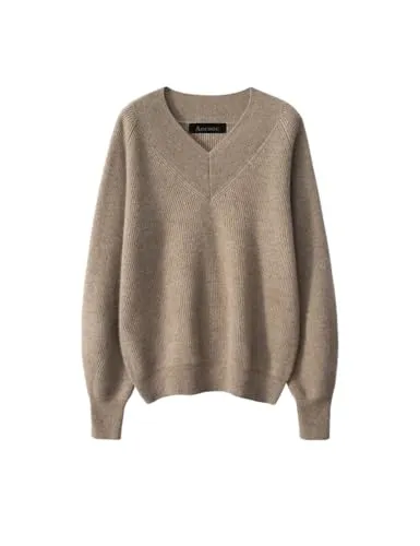 [Aecsoc] カシミヤ100%ニットリブ Vネック長袖セーターレディースゆったりニットドロップショルダートップスプルオーバー ZS2207 (キャメル,M)