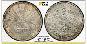 1908年 MO GV メキシコペソ銀貨 PCGS MS62 KM-409.2