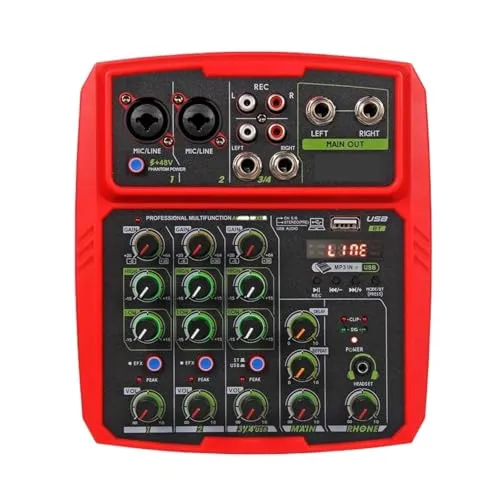 USB 4/6 チャンネルミキサー DJ コンソールオーディオミキサー Bluetooth 48V ファンタム電源遅延リピート効果サウンドミキシングコンソール 使いやすい(Red,4 Channel)