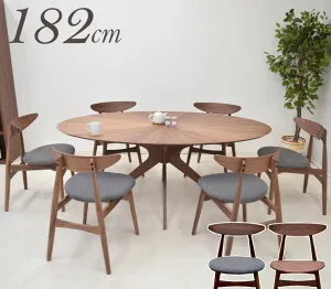 ダイニングテーブルセット 丸テーブル 光線張り 楕円 182cm 7点セット 6人用 sbkt182-7-marut351wn ウォールナット色/WN バースト クロス脚 イス6脚 6人掛け 木製 北欧 丸型 円形 円卓 ウッドダイニン