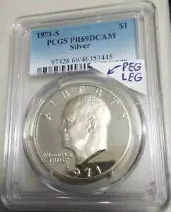 :1971-S $1 アイゼンハワー シルバー ドル PCGS PR69DCAM ペグ レッグ FS-401 R にセリフなし