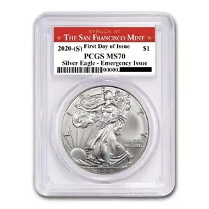 2020 (S) 1 オンス シルバー アメリカン イーグル コイン PCGS MS70 FDOI SF ラベル緊急発行