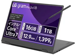 LGエレクトロニクス｜エルジー [2in1ノートパソコン 16型、360°回転タッチパネルIPS液晶、WQXGA(2560×1600)、DCI-P3 99％/軽量薄型、1399g、薄さ12.9mm/Core Ultra 7 255H/メモリ 16GB/SSD 1TB/英語キーボード/Window