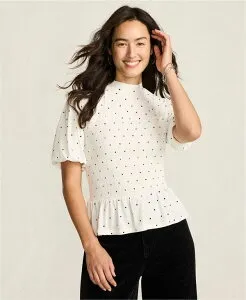 ランズエンド レディース トップス シャツ モックネック シルク シャーリング ニット Lands' End Women's Bubble Sleeve Silky Knit Smocked Mock Neck Top Ivory/black dot アイボリー