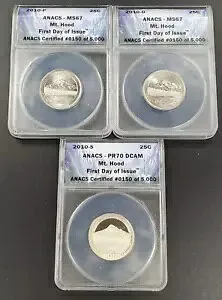 3コインセット 2010 P D S クォーター 25c マウントフード 初日発行 ANACS MS67 PF70 ATB