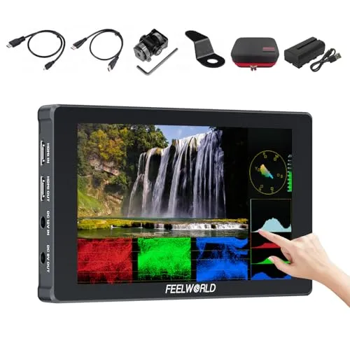 FEELWORLD F7 Plus+ バッテリーバンドル + キャリーケース 7インチ タッチスクリーン デジタル一眼レフカメラ フィールドモニター 1200Nit 高輝度 3D Lut HDR 波形 F970 インストールと電源キット 4K 60Hz H