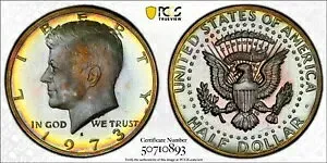 PR67 1973-S 50C ケネディ プルーフ ハーフダラー、PCGS Trueview- レインボー トーン