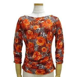 JOAN フラワープリントトップス 90020-B オレンジ Lサイズ 社交ダンス レッスン パーティー 衣装 カットソートップス 女性衣装 練習着 パーテイー着 Tシャツ つるっとしなやか ストレッチ バラ