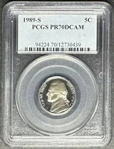 1989-S プルーフ ジェファーソン ニッケル PCGS PR-70 DCAM、3 点購入で 5 ドル割引!!