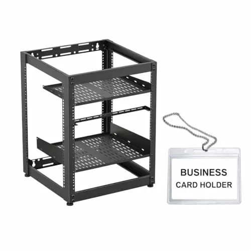 ynVISION.DESIGN 15U AVオープンフレームサーバーラック 1Uと2Uシェルフ付き | レベリングフット、ストラップ、レーサーバー、取り付けネジ、ラックネジ付属 | 壁取り付け可能