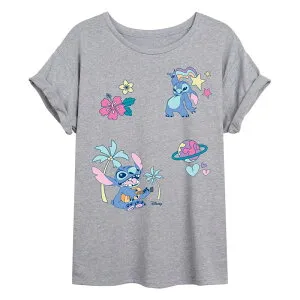 ディズニー レディース トップス Tシャツ パッチワーク Disney's Lilo & Stitch Juniors' Patchwork Oversized Tee Heather Gray グレー