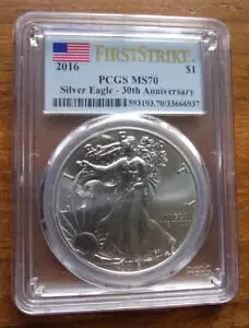 2016 ファースト ストライク」アメリカン シルバー イーグル PCGS MS 70 BU GEM 30th ANNIV