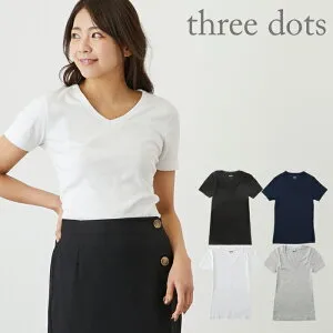 スリードッツ Tシャツ Vネック 半袖 Three Dots カットソー ショートスリーブ レディース TD004695 ホワイト ブラック 白 黒 グレー AA1S004