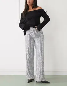 ノイジーメイ レディース ボトムス カジュアルパンツ パンツ スパンコール Noisy May high rise pull on sequin pants Silver シルバー