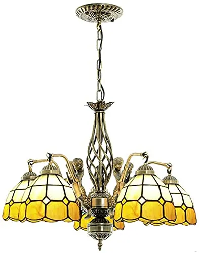 Vintage E26 Chandelier, Stained Glass Shade Ceiling Lamps Classic Bedroom Hotel Decor Ceiling Lamp-5-Lights 60X46Cm-5-lights-60x
