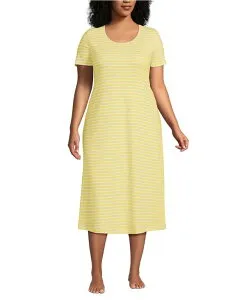 ランズエンド レディース アンダーウェア ナイトウェア プラスサイズ コットン Lands' End Plusize Cotton Short Sleeve Midcalf Nightgown Yellow blissimple stripe イエロー