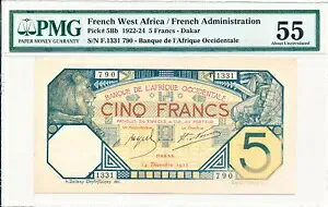 西アフリカ銀行 フランス領西アフリカ 5 フラン 1922 PMG 55
