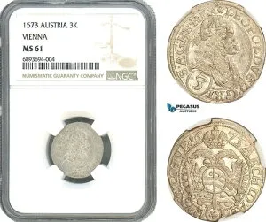 AJ947、オーストリア、レオポルド1世、3クロイツァー1673、ウィーン造幣局、銀、NGC MS61