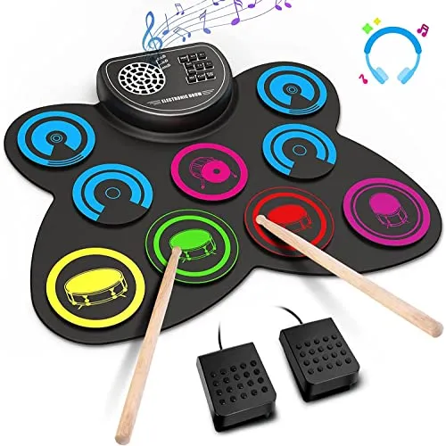 Upgraded Electric Drum Set, 9 Drum Practice Pad, Roll-up Electronic Drum Pad Machine With Headphone Jack Built-in Speaker Drum S