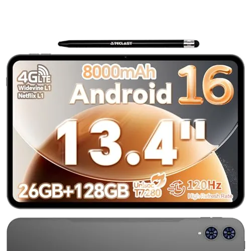 タブレット Android 16 搭載 TECLAST T65 13インチ 大型タブレット: 120Hz 高リフレッシュレート画面、26GB RAM+128GB ROM 大容量メモリ、UNISOC T7280 プロセッサを内蔵した高性能SIM対応、8000