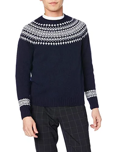 [ハーレーオブスコットランド] セーター YOKE PATTERN CREW NECK SWEATER メンズ New Navy/Winter White UK 36 (日本サイズS相当)