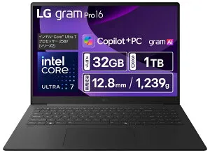 LGエレクトロニクス｜エルジー [ノートパソコン 16型、IPS液晶、WQXGA(2560×1600)/1239g/Core Ultra 7 258V/メモリ 32GB/SSD 1TB/DCI-P3 99％/英語キーボード/Windows 11 Home] gram 16Z90TS-GU89J
