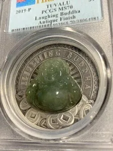 2019年 ツバル 笑う仏陀 1オンス 99.99ドル 銀貨 PCGS MS70 FS COA + 箱付き