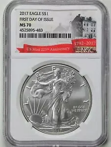 2017 1オンス シルバー アメリカン イーグル 米国造幣局 225 周年記念 MS70 NGC 4525895-483 FDOI