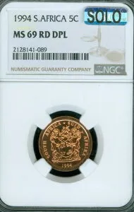 1994年 南アフリカ 5セント NGC MS69 DPL レッド マック ソロ 最高品質 & 汚れなし。
