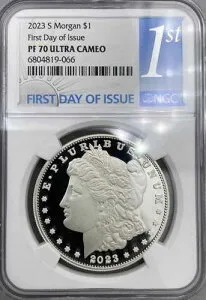 2023 S モルガン シルバー ダラー NGC PF 70 ウルトラ カメオ FDOI - 発行初日 OGP 付き