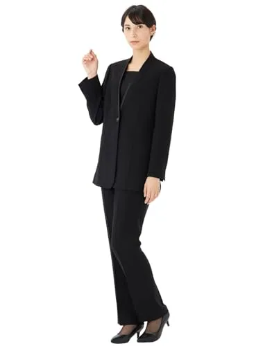 [Amour du black] アムールデュブラック 喪服 レディース ブラックフォーマル パンツスーツ ジャケット アンサンブル ゆったり 体型カバー 前開き 胸当て 洗える ストレッチ 冠婚葬祭 ADB230 (19号ABR)