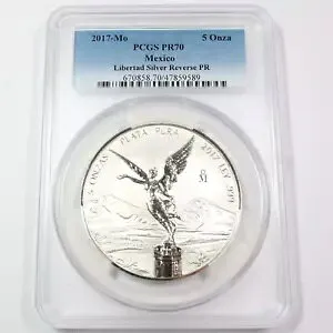 2017 Mo PCGS PR70 リバース プルーフ - メキシコ - 5 オンス シルバー リベルタ - オンザ #44394V