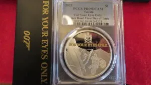 2018年 ツバル フォー・ユア・アイズ・オンリー ゴールデンアイ 1オンス .999 シルバー $1 PCGS PR PF 69