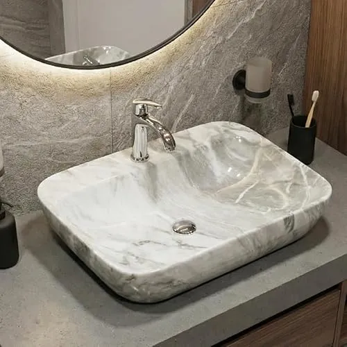 【WNJAPAN】洗面ボウル おしゃれ デザインシンク 洗面台 置き型 トイレ 水周り ナチュラル DIY インテリア 家具 手洗いボウル 手洗い鉢 陶器 豪華 排水ホース付き 大理石調 WB-58 [並行輸入品]