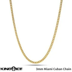 King Ice キングアイス ネックレス ゴールド 3mm幅 マイアミキューバンカーブ チェーン 14K Gold Stainless Steel Miami Cuban Curb Chain 喜平 人気ブランド アクセサリー 金メッキ メンズ レディース 男女兼