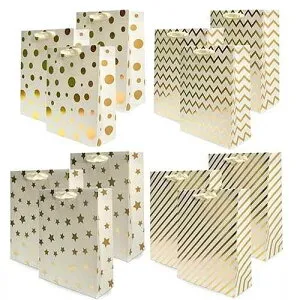 UNIQOOO 12PCS Metallic Gold Christmas Gift Bags Bulk with Handle, Large 12.5 x10 Inch, Assorted Modern Geometric Paper Gift Wrap Bags, For Valentines Day Holiday Birthday Wedding Gift Packaging Decor