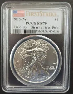 2015-(W) シルバーイーグル PCGS MS70 ファーストストライク＆ファーストデイ ウェストポイントで打刻